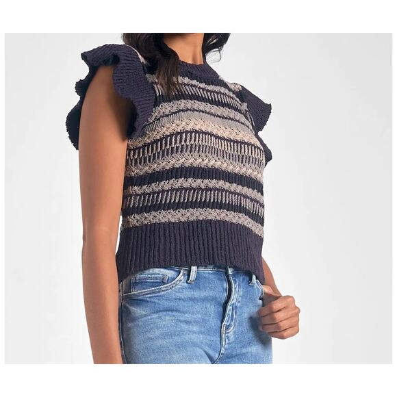 Elan Striped Ruffle Cap Sleeve Crewneck Sweater Knit Top Navy Stripe Small - Picture 1 of 10